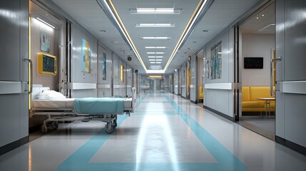 Obraz premium A long, empty hospital corridor with a single bed and modern medical equipment