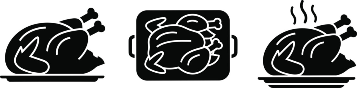 Black vector icon set of roasted turkeys and chickens on platters for Thanksgiving dinner and holiday celebration.