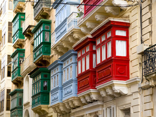Valletta old town narrow street with traditional Maltese balconies and limestone facades