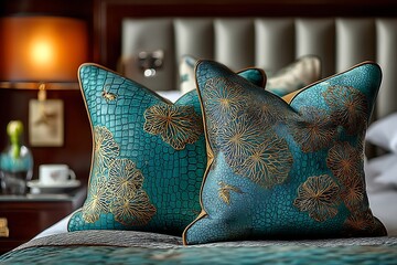 Luxurious bedding featuring teal and gold decorative pillows with floral design on a bed