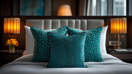 Luxurious bedding with textured teal pillows, decorative lamps, and soft white sheets creates a peaceful ambiance