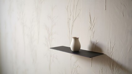 Minimalist decor with white vase on black shelf