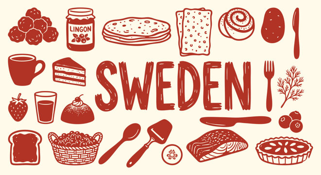 Sweden Icon Set. Swedish Food. A hand drawn vector collection of meatballs, fish, cinnamon buns, coffee and berries for a Scandinavian travel guide, restaurant menu, and tourism.