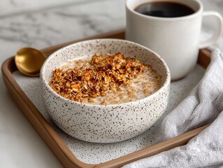 A cozy breakfast scene featuring a bowl of granola with milk, a cup of coffee, and a textured napkin on a stylish tray.