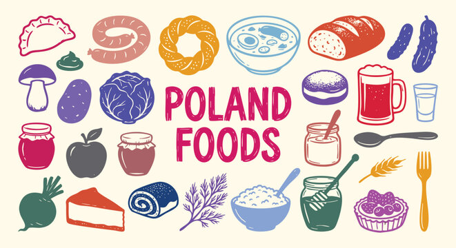 Poland foods Icon Set. Polish Food. A colorful vector collection of pierogi, sausage, bread, soup and vegetables for an Eastern European travel guide, restaurant menu, and cultural illustration.