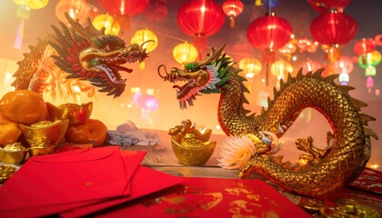 Chinese New Year Dragon Decorations with Red Lanterns and Gold.