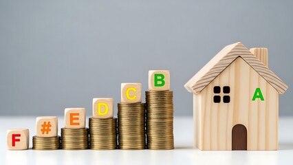 A stack of coins with letters on them next to a wooden house with a brown door and window on a white surface and gray background