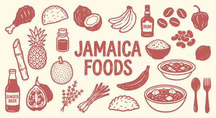 Jamaica Icon Set. Jamaican Food. A hand drawn vector collection of jerk chicken, rum, coffee, tropical fruits and patties for a Caribbean travel guide, restaurant menu, and island culture. © MH HASIB