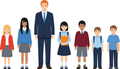 Colorful vector illustration of diverse students and a male teacher wearing school uniforms and business attire on white.