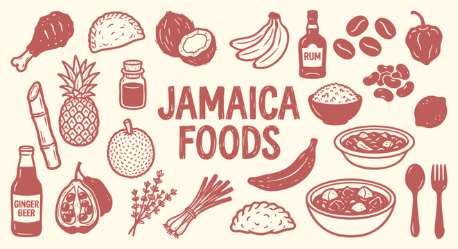 Jamaica Icon Set. Jamaican Food. A hand drawn vector collection of jerk chicken, rum, coffee, tropical fruits and patties for a Caribbean travel guide, restaurant menu, and island culture.