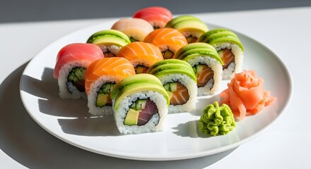 Assortment of sushi rolls and accompaniments on a white plate isolated on white background
