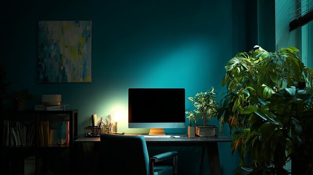 A dimly lit home office with a computer and plants in a peaceful atmosphere