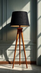 Modern tripod floor lamp with black shade and sleek wood legs for living room