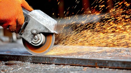 Worker cutting metal with angle grinder, sparks flying, construction site