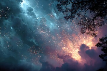 Serene nightscape featuring twinkling star particles and a silhouette of tree branches under a cloudy sky