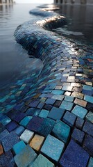 Serpentine water feature featuring stunning blue mosaic tiles cascading into a tranquil pool