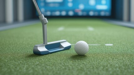 Indoor Golf Putting Setup with Putter and Golf Ball on Artificial Turf in Virtual Environment