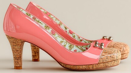 Stylish coral patent leather heels with cork platform, floral lining, and goldtone embellishments