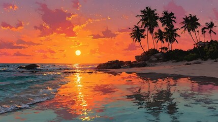 Stunning sunset painting of tropical beach with palm trees reflecting on water, coastal paradise