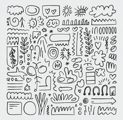 Black Thin Line Hand Drawn Doodle Elements Set Isolated on White.