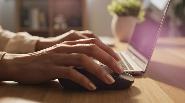 Close up view of hands typing on a laptop computer with a wireless mouse on a wooden desk in a home office