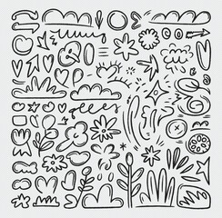 Ultra Minimal Black Monoline Hand Drawn Doodle Elements Mega Set.