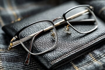 Stylish eyeglasses with silver frame resting on a textured black leather wallet