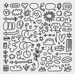 Ultra Thin Black Monoline Hand Illustrated Doodle Elements Library.
