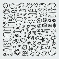 Supreme Ultra-Thin Black Monoline Hand Drawn Doodle Elements Set.