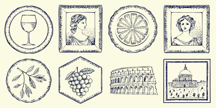Vintage sketches depicting wine glasses portraits fruits and iconic landmarks