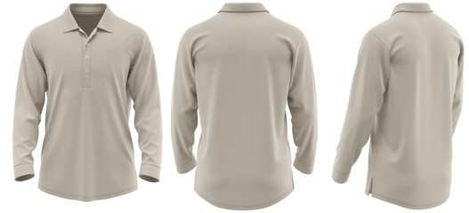 Polo Shirt Long Sleeve with Extended Placket, Sport Style, Mockup Ready (Beige color)