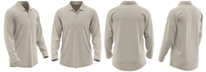Polo Shirt Long Sleeve with Extended Placket, Sport Style, Mockup Ready (Beige color)