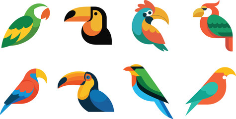 A vibrant collection of colorful tropical birds depicted in a flat modern geometric style