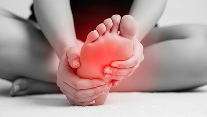 A person experiencing pain in their foot highlighted in red to emphasize the discomfort and inflammation in the affected area