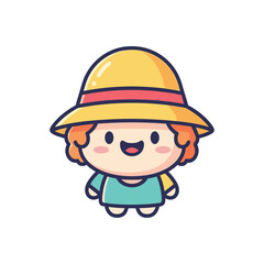 Cute Cartoon Girl with Straw Hat