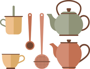 A charming pixel art illustration featuring various tea related items arranged in a simple composition