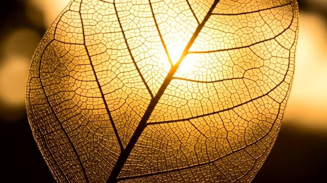Close-up of a delicate, translucent leaf skeleton with sunlight shining through, highlighting its intricate vein structure.