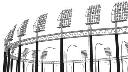 Stadium floodlight structure illustration, sports arena lighting towers, industrial steel framework, large outdoor illumination system isolated on white background © MDTAHMID