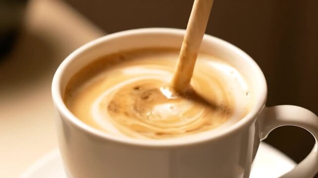 A hand stirs a light-colored beverage in a white mug, creating swirling patterns