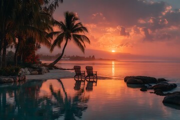 Two Beach Chairs Facing Ocean Sunset View with Palm Trees and Water Reflection