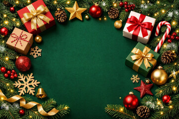 Festive Christmas and New Year scene with wrapped gifts, ornaments, pine branches, and a rich green backdrop ideal for holiday cards, promotions, and seasonal banners