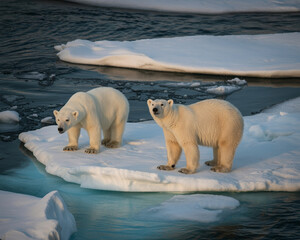 Two polar bears on melting ice floe in Arctic waters
