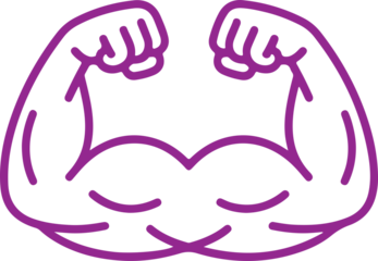 Purple brain outline with flexed biceps symbolizing mental strength on transparent background