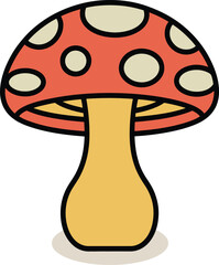 A colorful illustration of a classic toadstool mushroom with a spotted cap and thick stem
