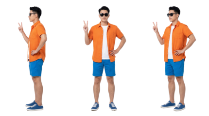 Young Man in Orange Shirt and Blue Shorts Showing Peace Sign