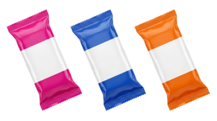 Three colorful snack bars with blank labels on white background