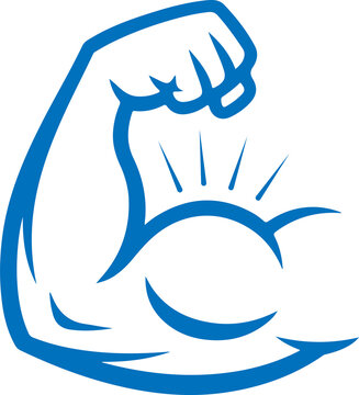 Blue muscular arm flexing with a ball vector graphic on transparent background