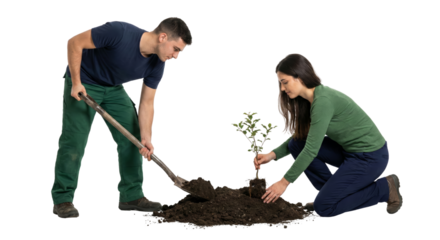 Couple planting a tree, gardening, isolated on white background