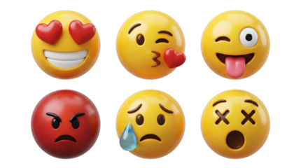 Collection of 3D Emojis Showing Different Emotions: Love, Kiss, Wink, Anger, Sadness, Shock
