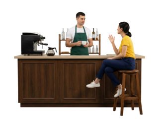 Barista serving coffee to customer at cafe counter with espresso machine